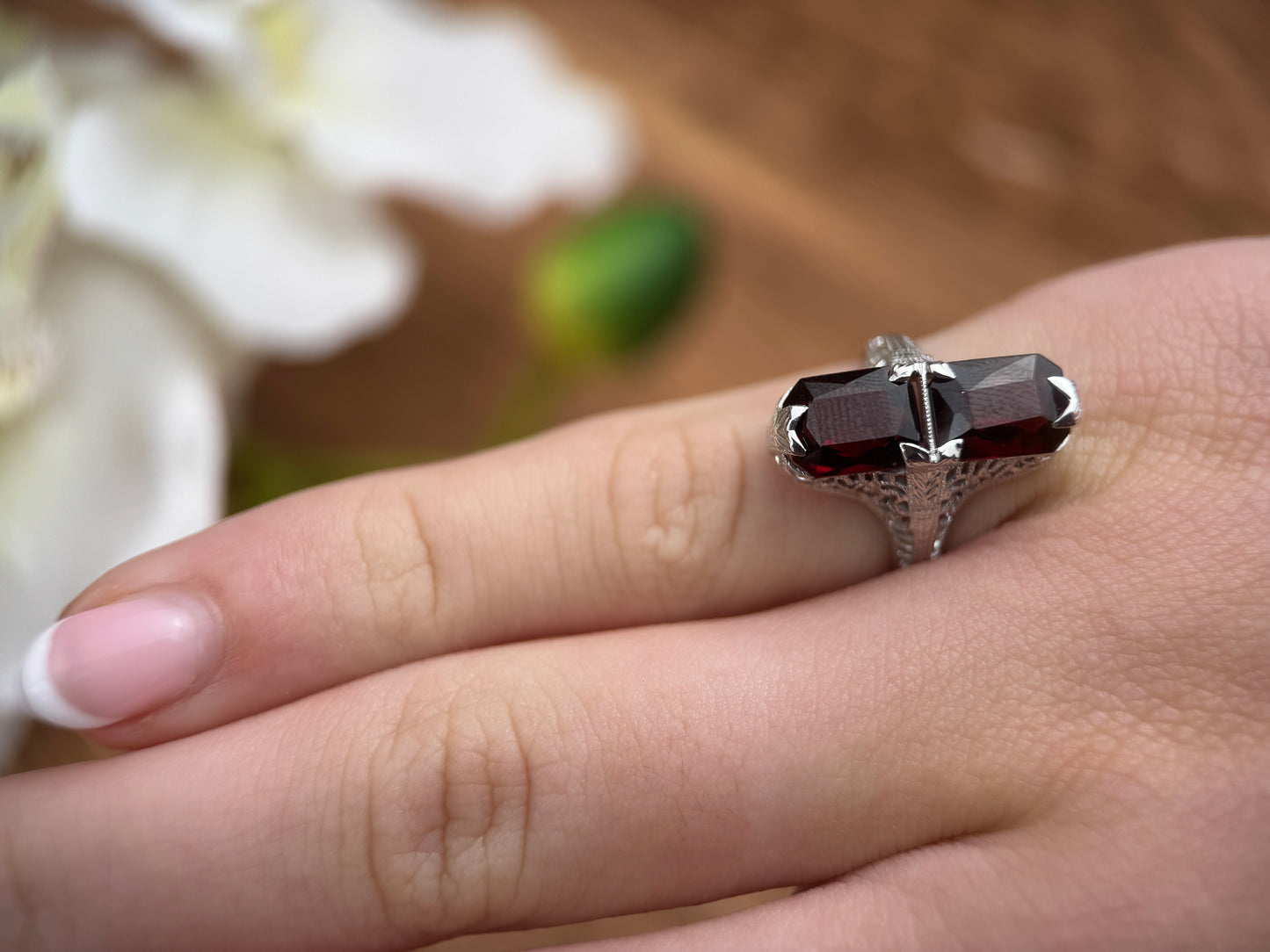 14K Antique Garnet Filigree Cocktail Ring