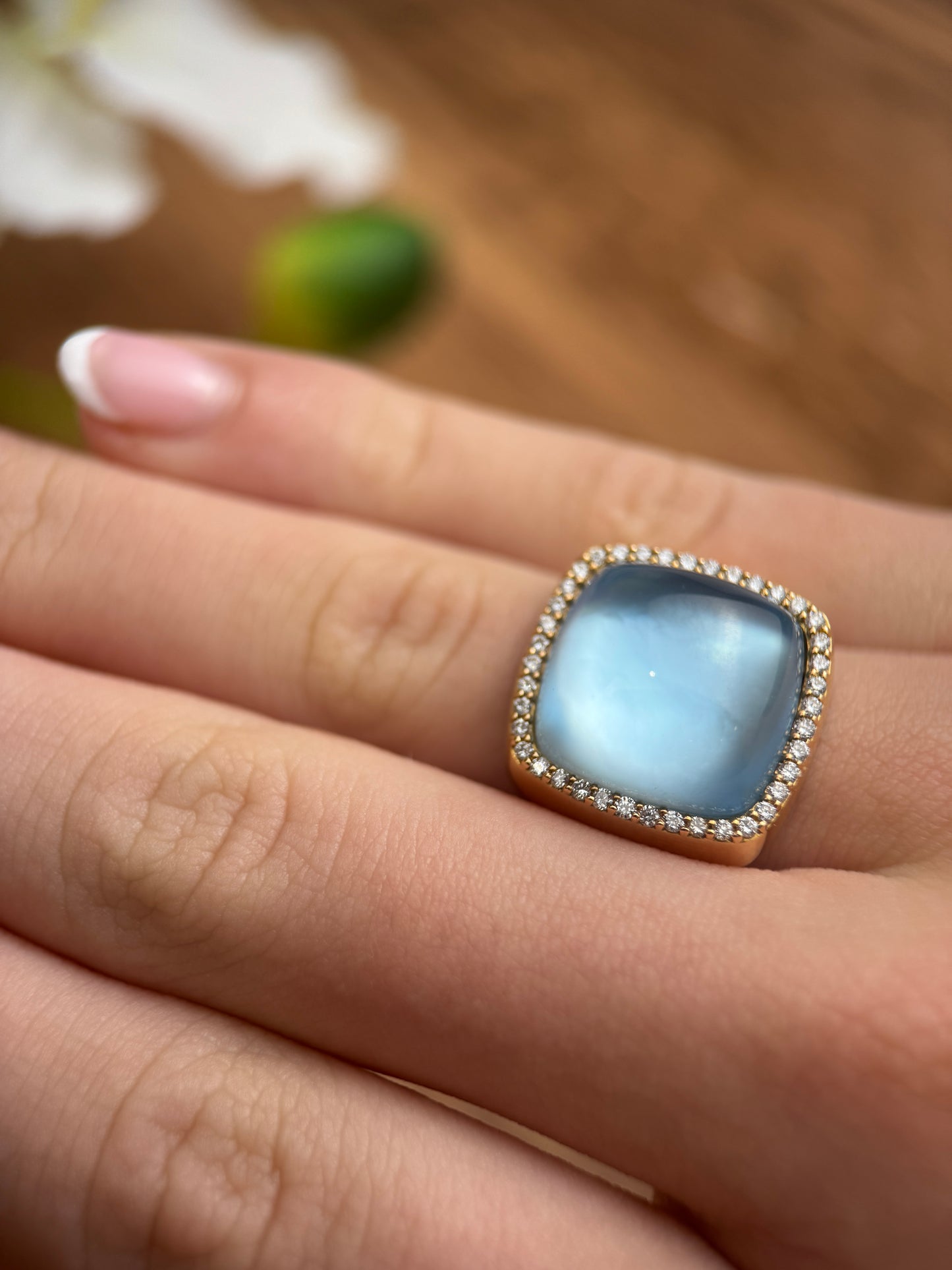 18K Mother of Pearl and Blue Topaz Doublet Halo Ring
