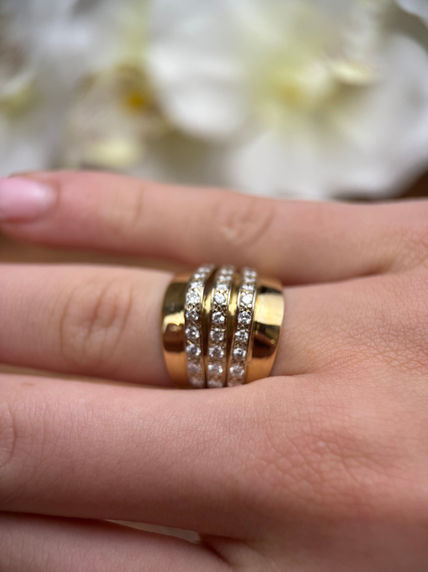 Estate 14K Yellow Gold 3-Row Diamond Band