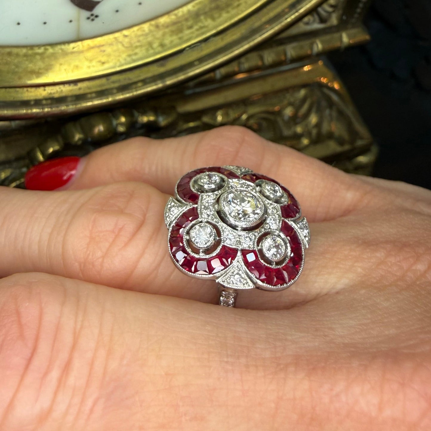 Platinum Ruby and Diamond Art Deco Style Cocktail or Engagement Ring