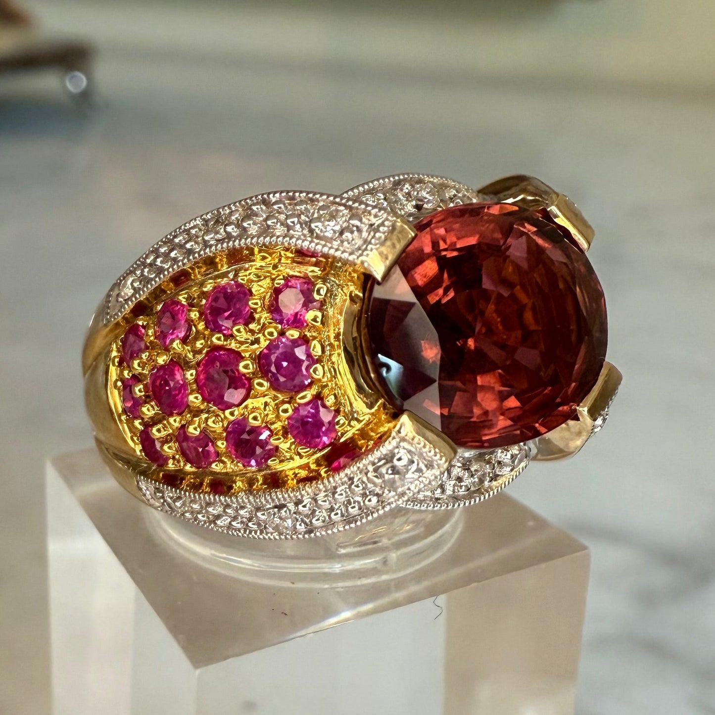 14K 3.07 CT Tourmaline, Ruby, and Diamond Estate Cocktail Ring