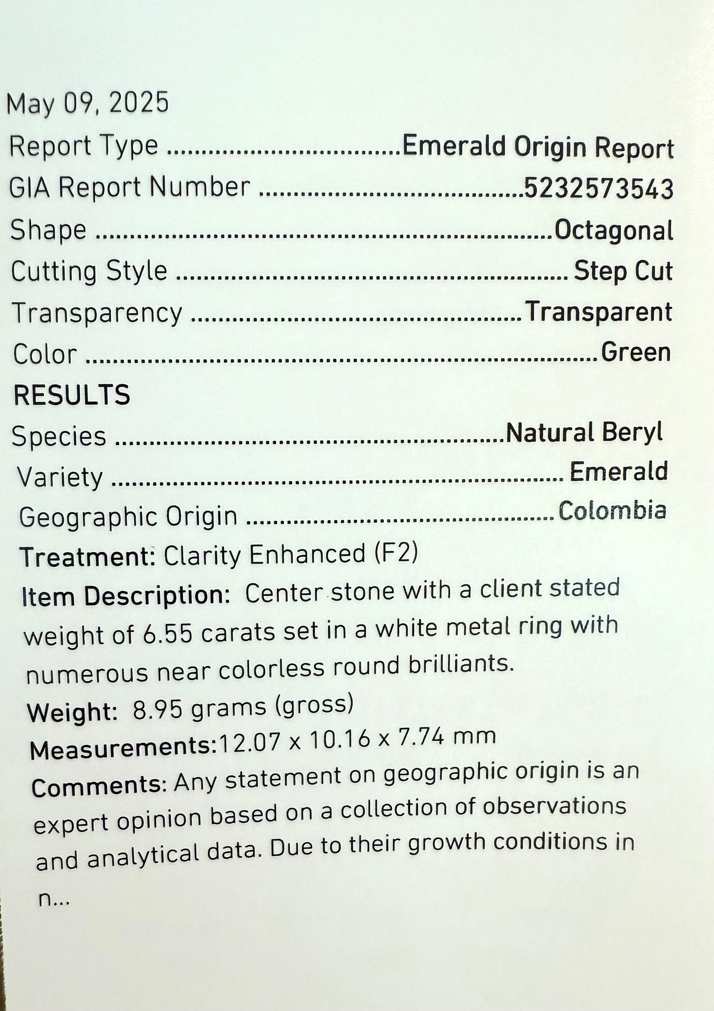 Platinum 6.55 CT Colombian Emerald and .68 CTW Diamond Ring- With GIA Cert