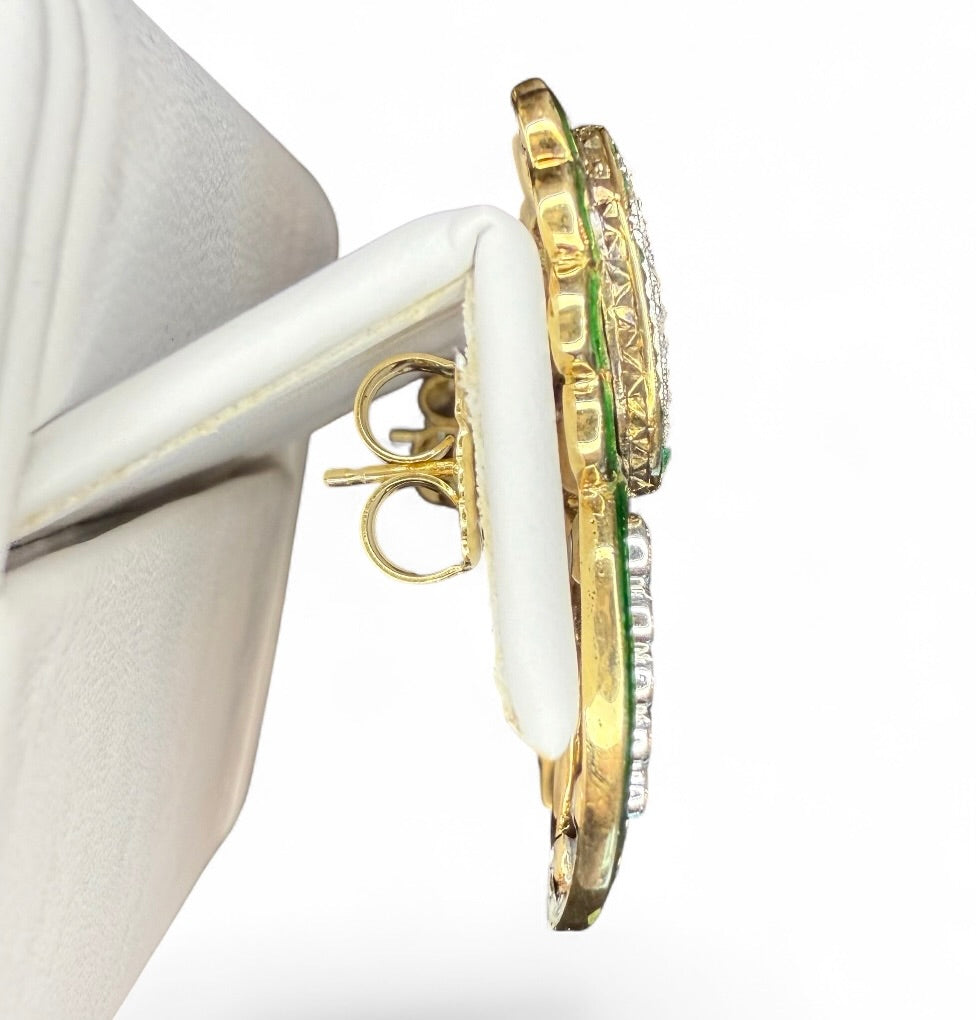 Platinum Antique Emerald, Diamond, and Enamel Earrings