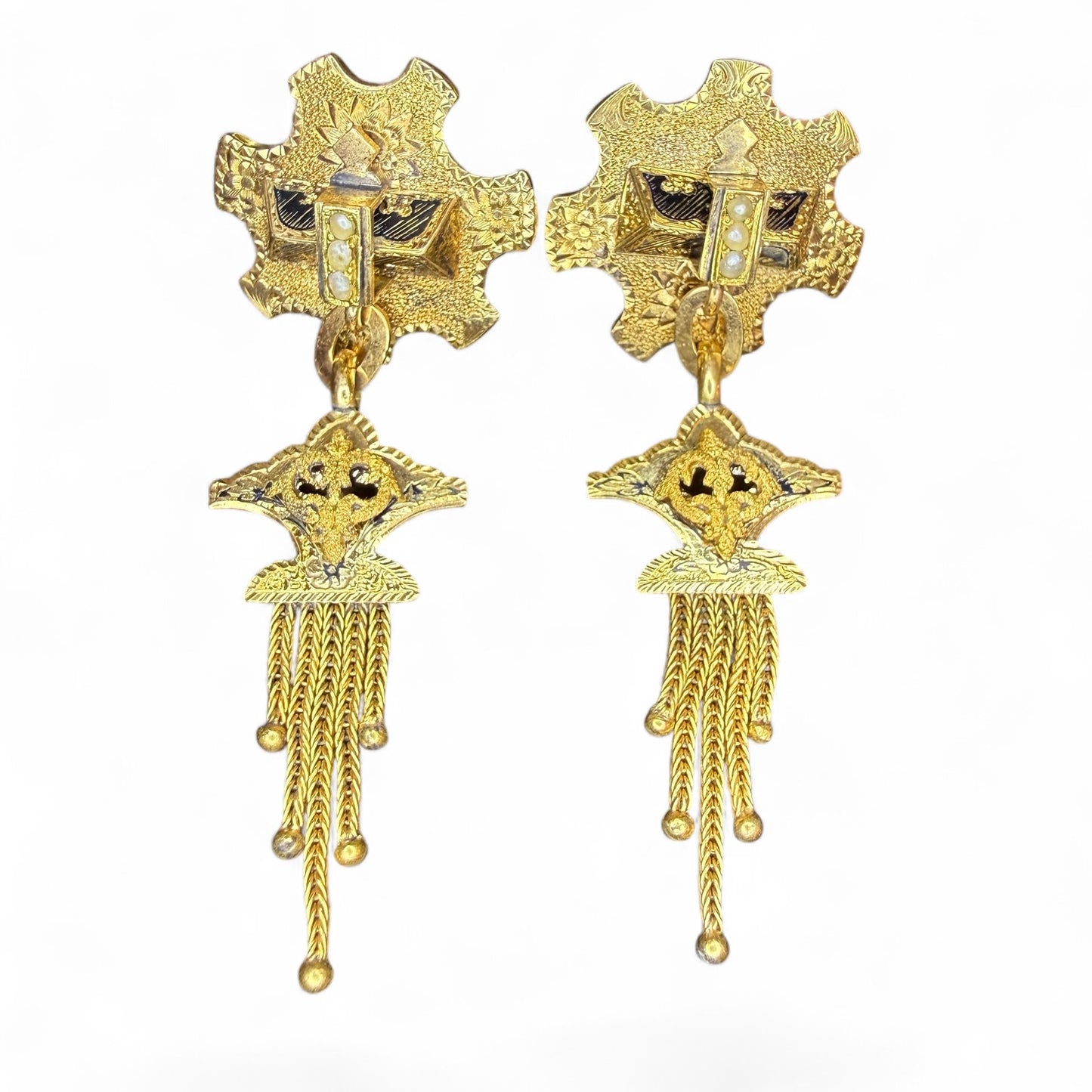 Victorian Antique 14k Yellow Gold, Pearl, and Black Enamel Tassel Earrings