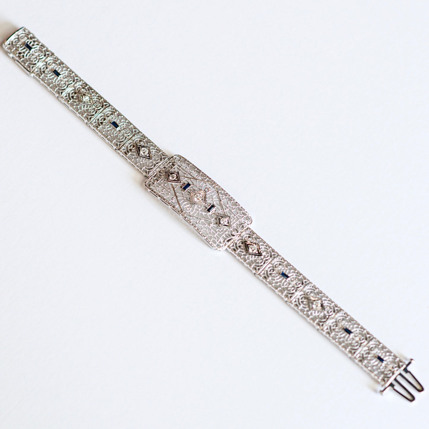 Antique 14k Art Deco Filigree .60 CTW Diamond and Sapphire Bracelet