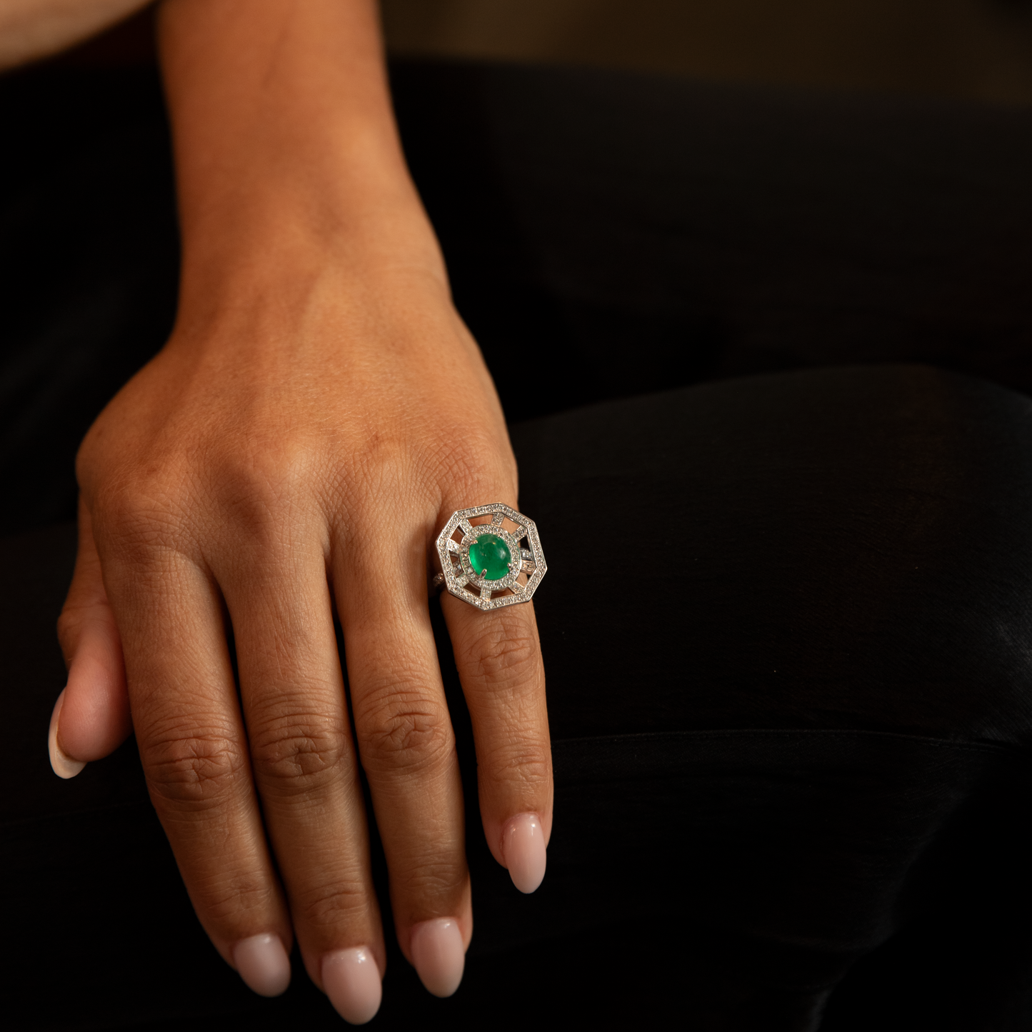 18K 2.45 Emerald Cabochon and Diamond Ring