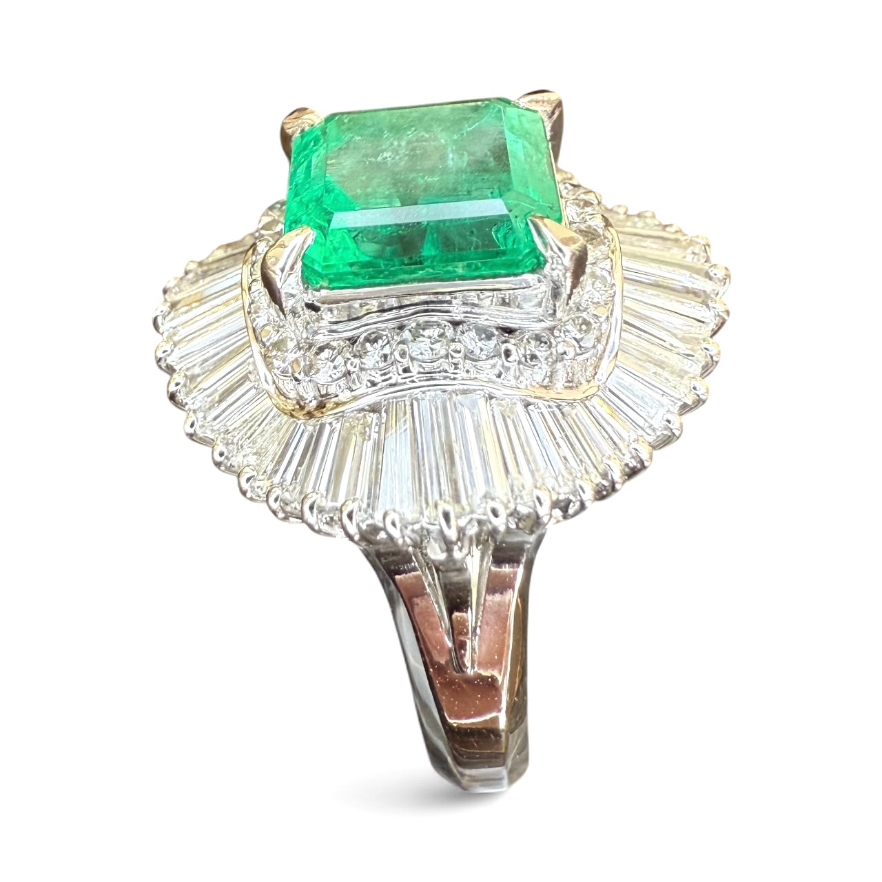 Platinum 2.70 CT Emerald and 1.57 Diamond Ballerina Ring