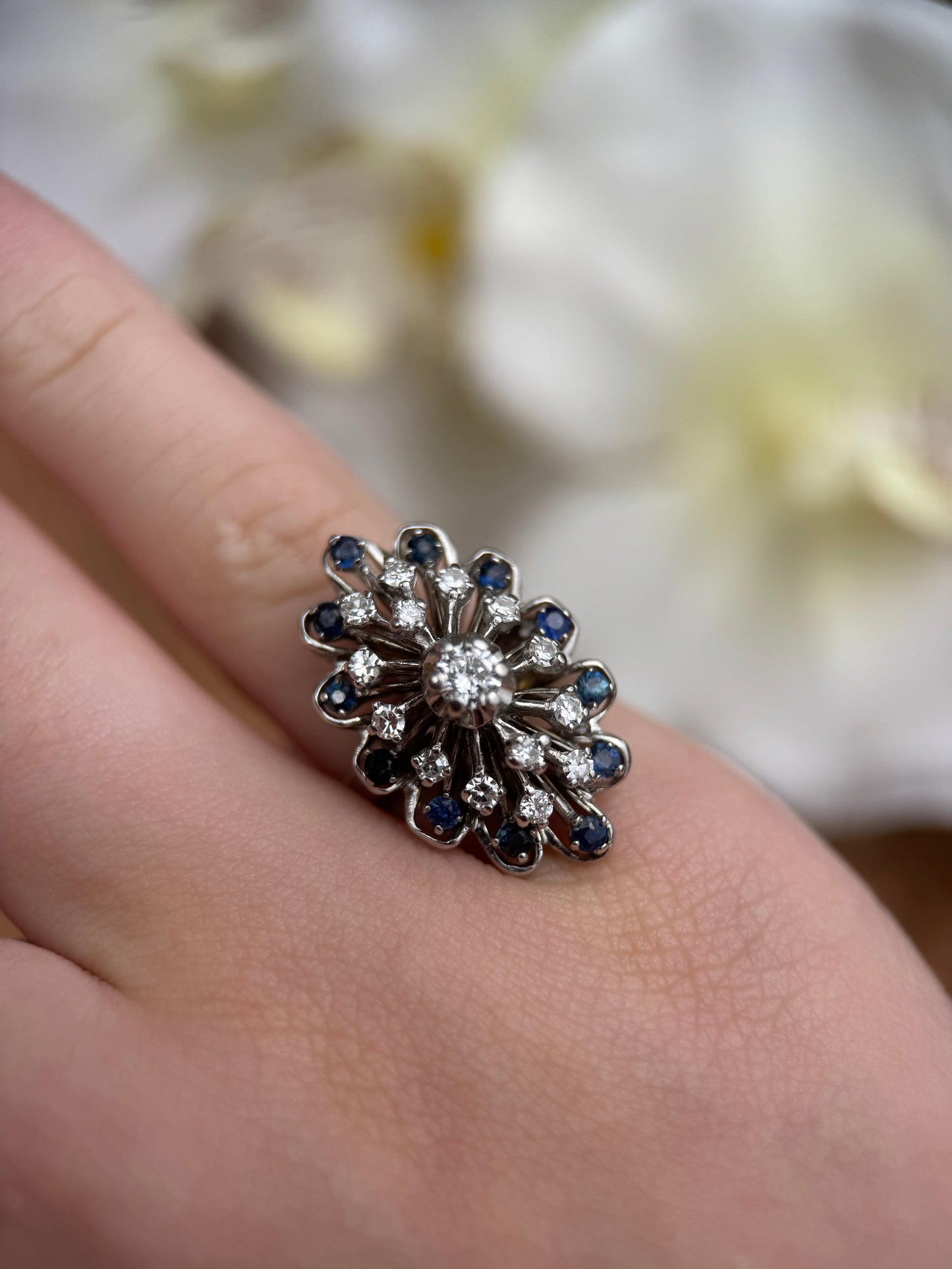 14K White Gold Diamond and Sapphire Cluster Cocktail Ring