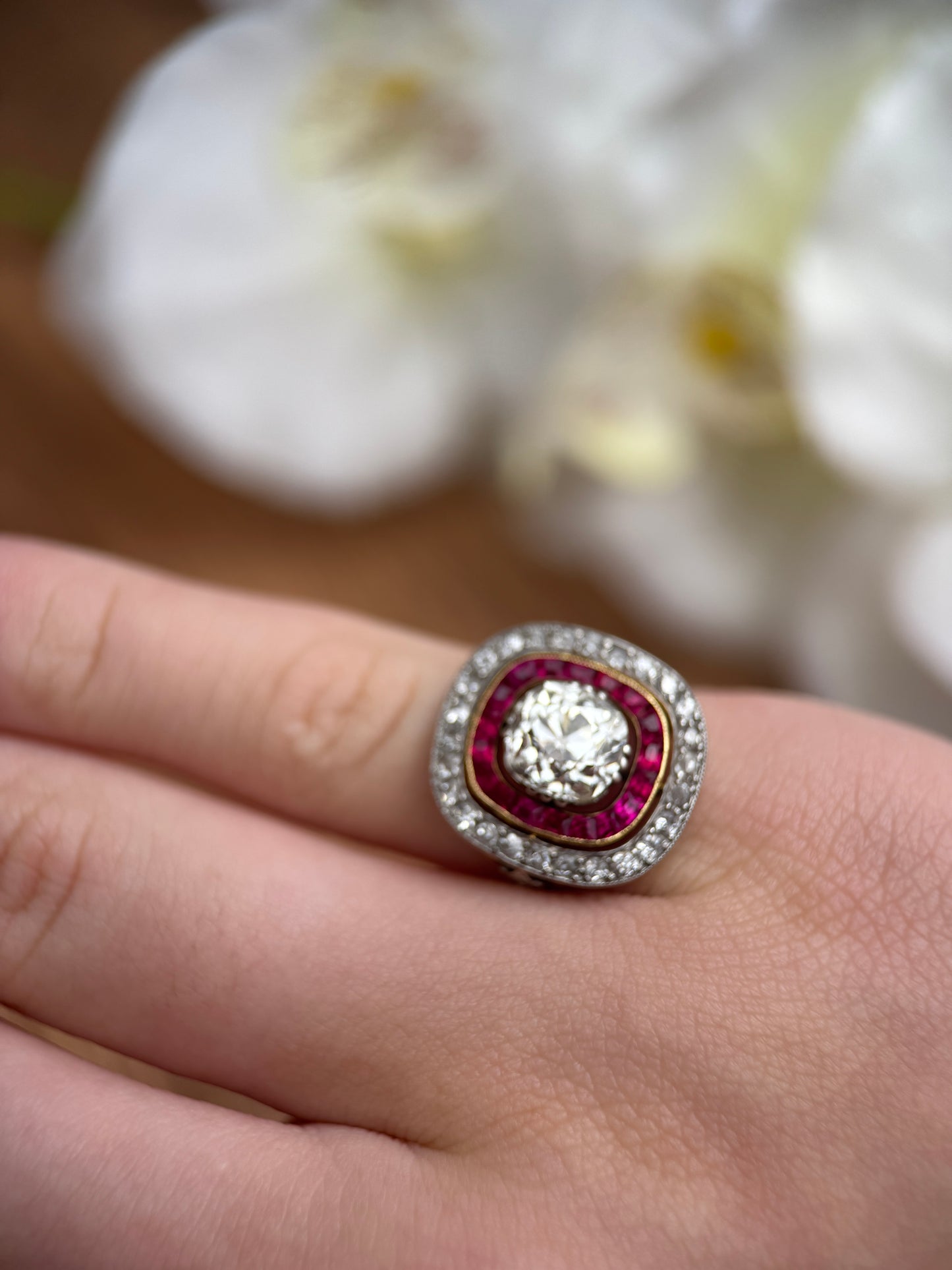Antique Diamond and Ruby Ring-Platinum and 18k Gold
