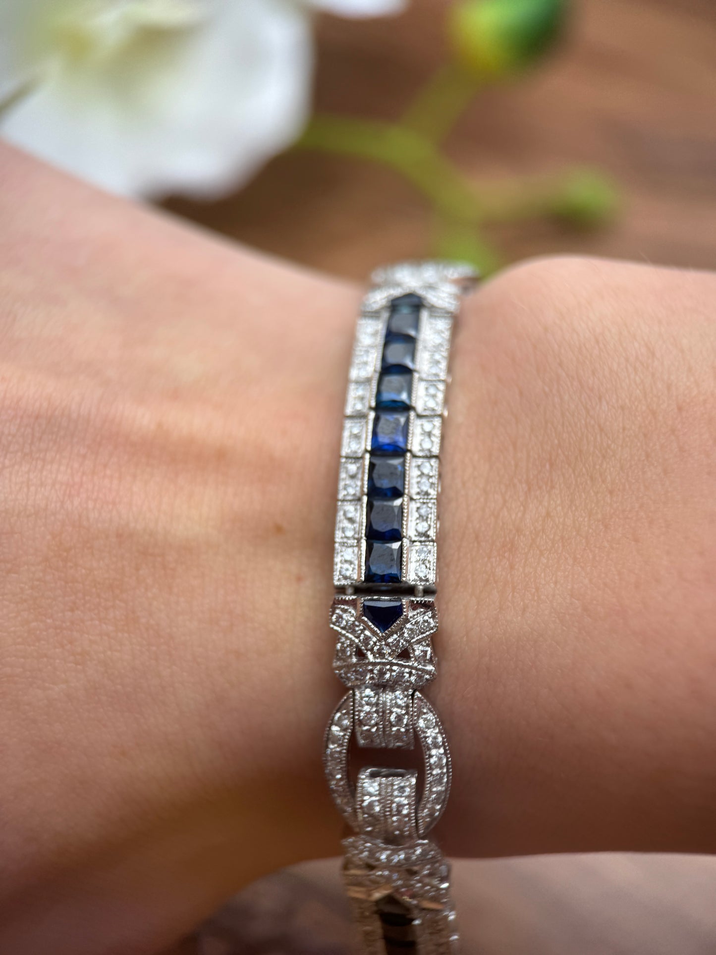 Antique 18k White Gold Art Deco Motif Sapphire and Diamond Bracelet