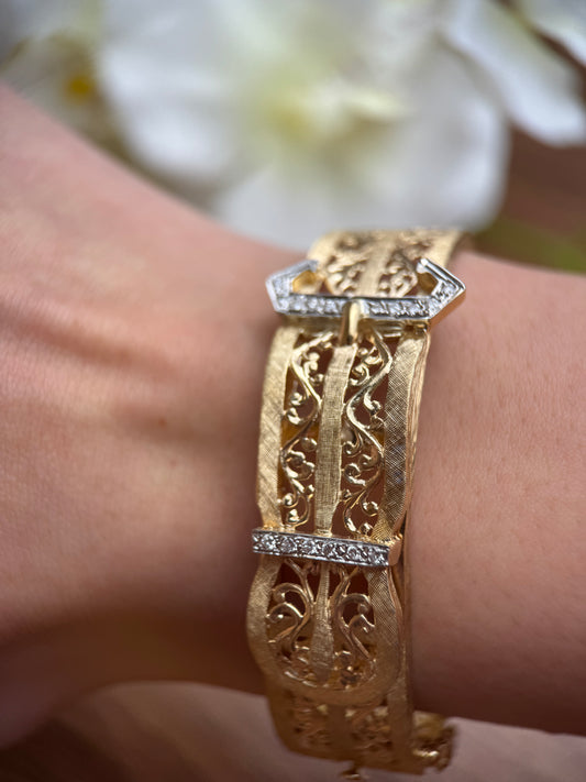 14K Antique Filigree Belt Diamond Bangle