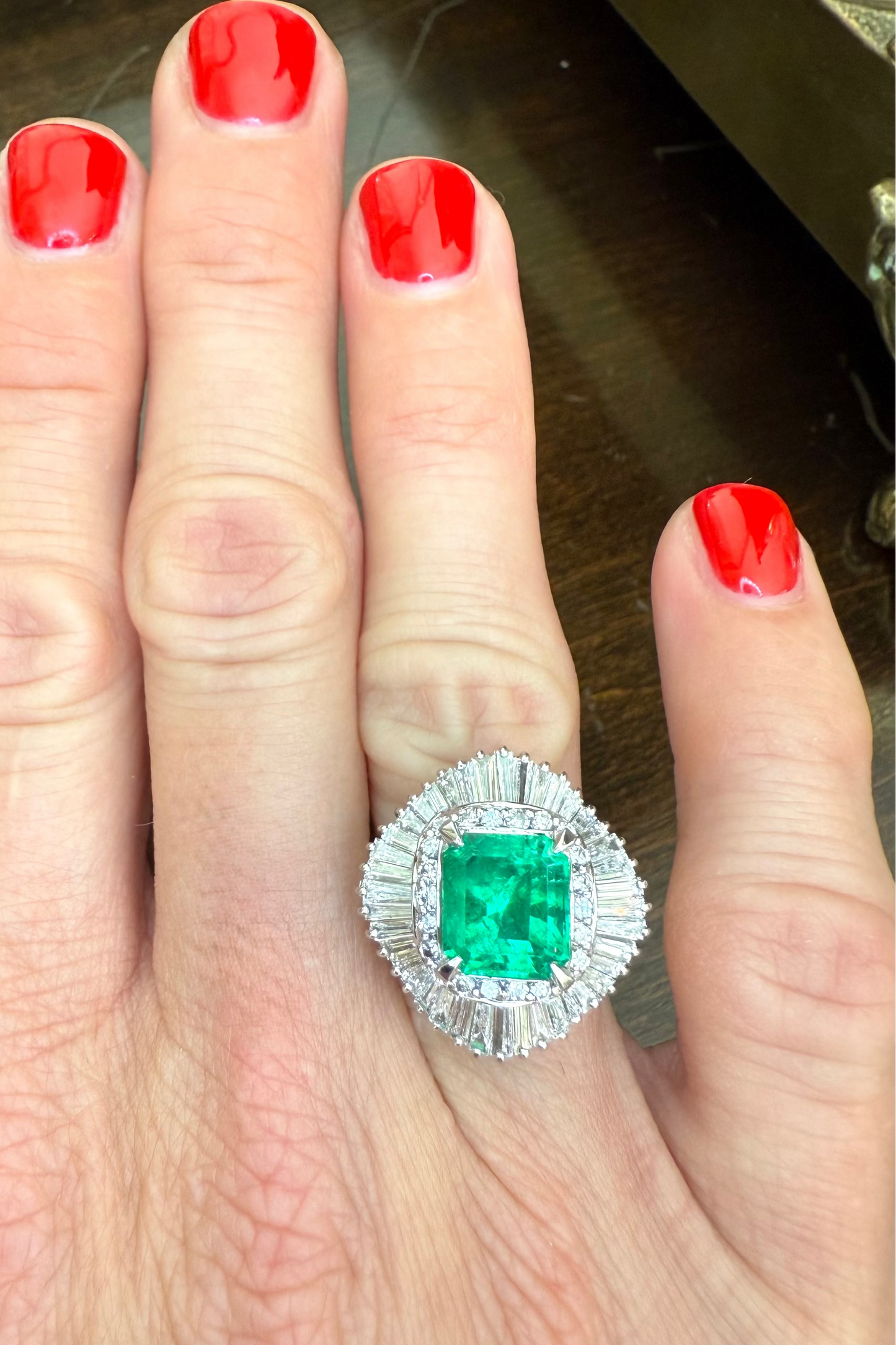 Platinum 2.70 CT Emerald and 1.57 Diamond Ballerina Ring