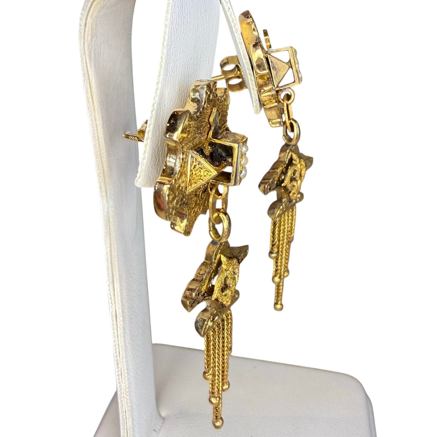 Victorian Antique 14k Yellow Gold, Pearl, and Black Enamel Tassel Earrings