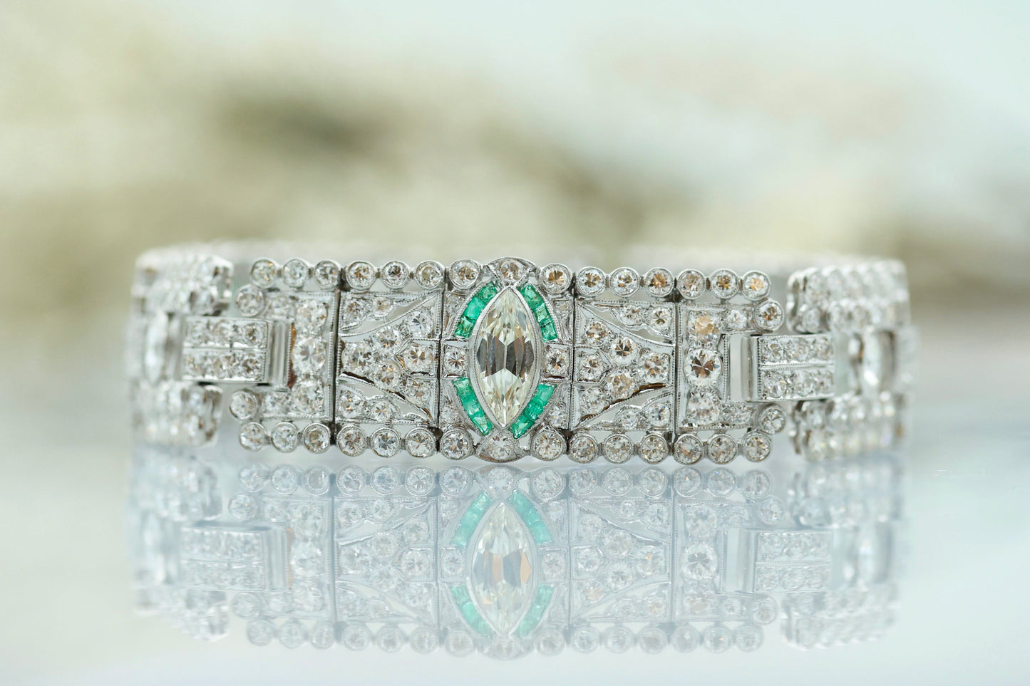 Art Deco 1920's Diamond Bracelet with Emerald Accents-Includes GIA Appraisal