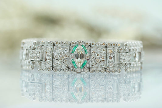 Art Deco 1920's Diamond Bracelet with Emerald Accents-Includes GIA Appraisal