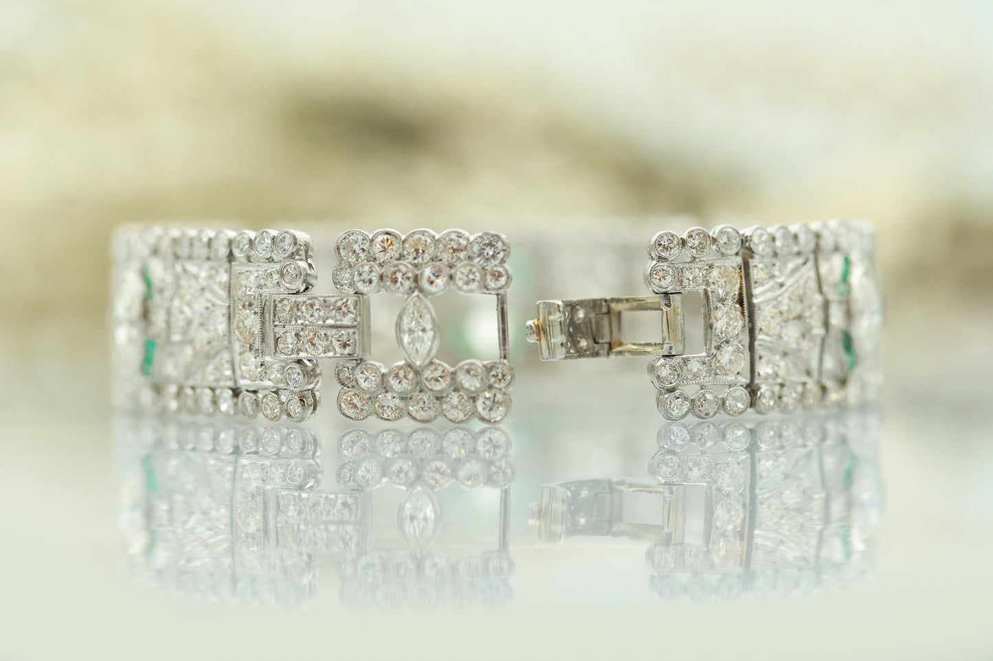 Art Deco 1920's Diamond Bracelet with Emerald Accents-Includes GIA Appraisal