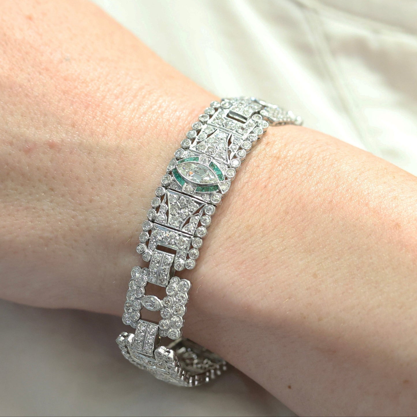 Art Deco 1920's Diamond Bracelet with Emerald Accents-Includes GIA Appraisal