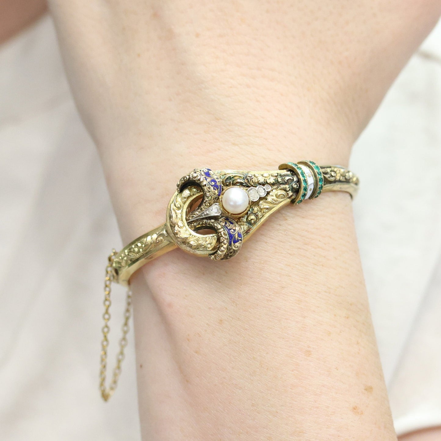Antique 14k Pearl, Emerald, and Diamond Bangle Bracelet-Includes GIA Appraisal