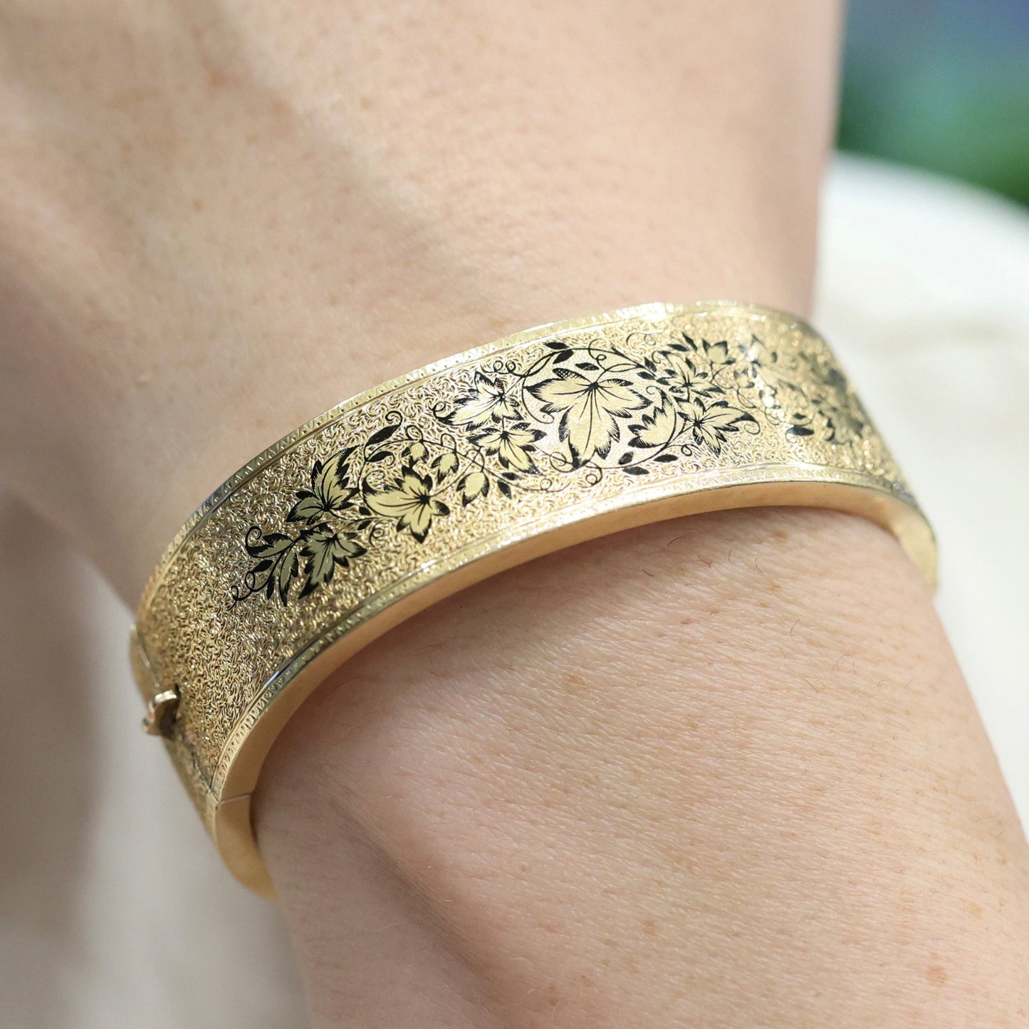 Antique 14k Yellow Gold and Black Enamel Bangle- Includes GIA Appraisal