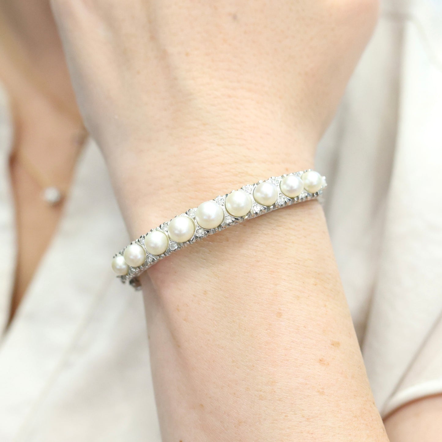 Vintage 14k Diamond and Pearl Bangle Bracelet-Includes GIA Appraisal