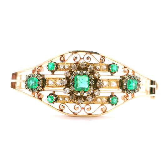 14k Emerald and Diamond Bar Pin Bangle Bracelet- Includes GIA Appraisal