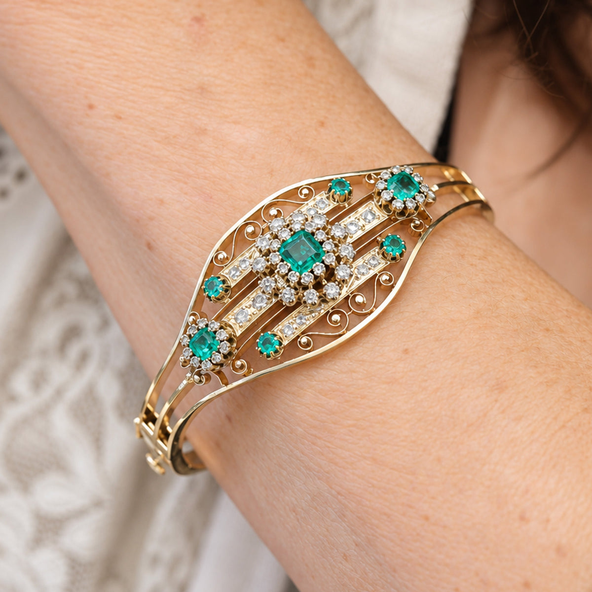 14k Emerald and Diamond Bar Pin Bangle Bracelet- Includes GIA Appraisal