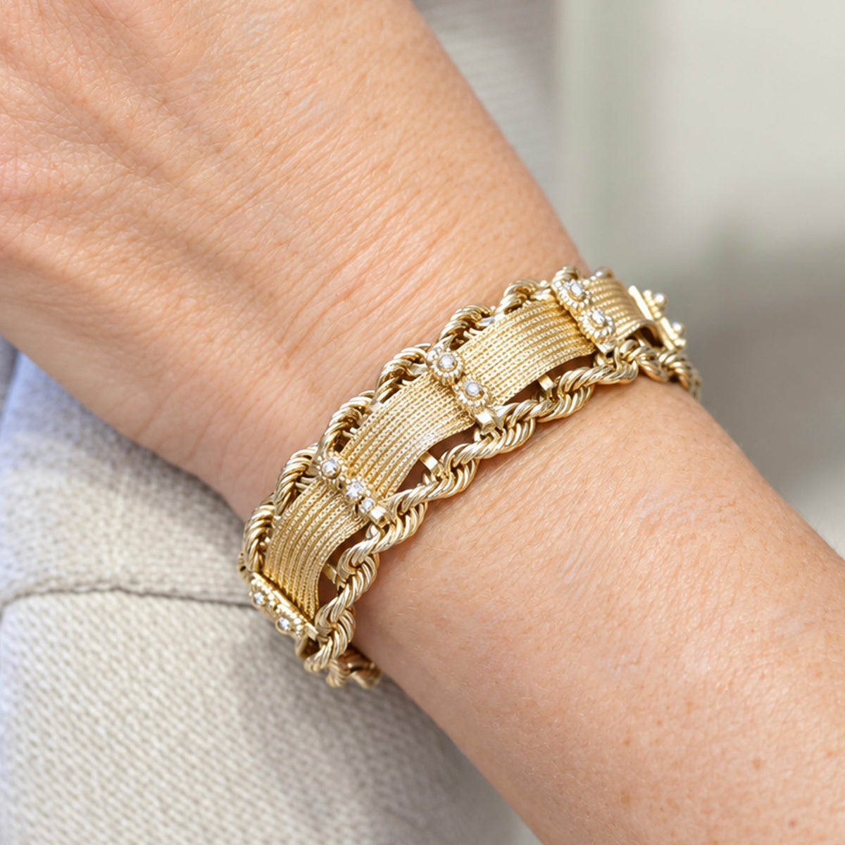 14k Yellow Gold Woven Chain Bracelet with Rope Border-Includes GIA Appraisal