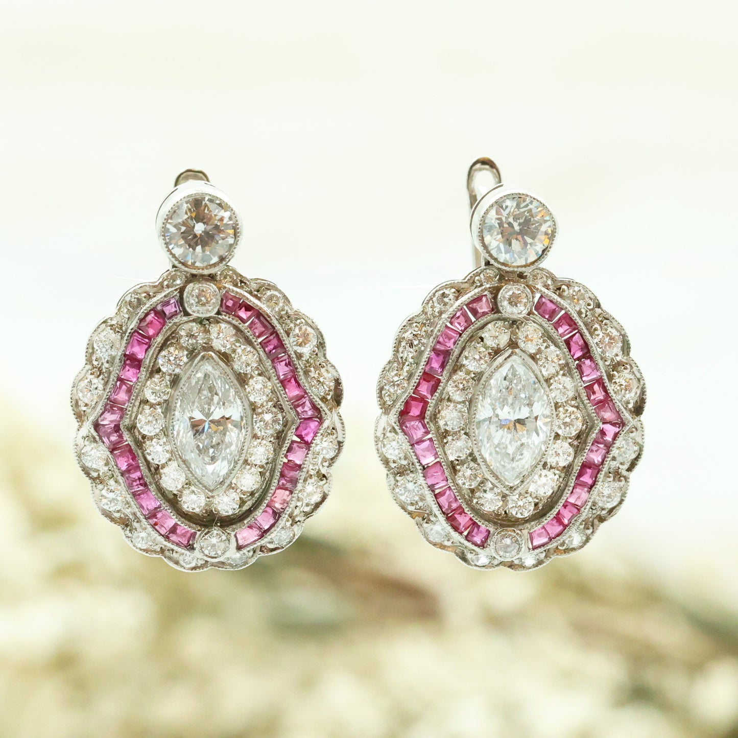 Platinum Antique Art Deco Diamond and Ruby Earrings
