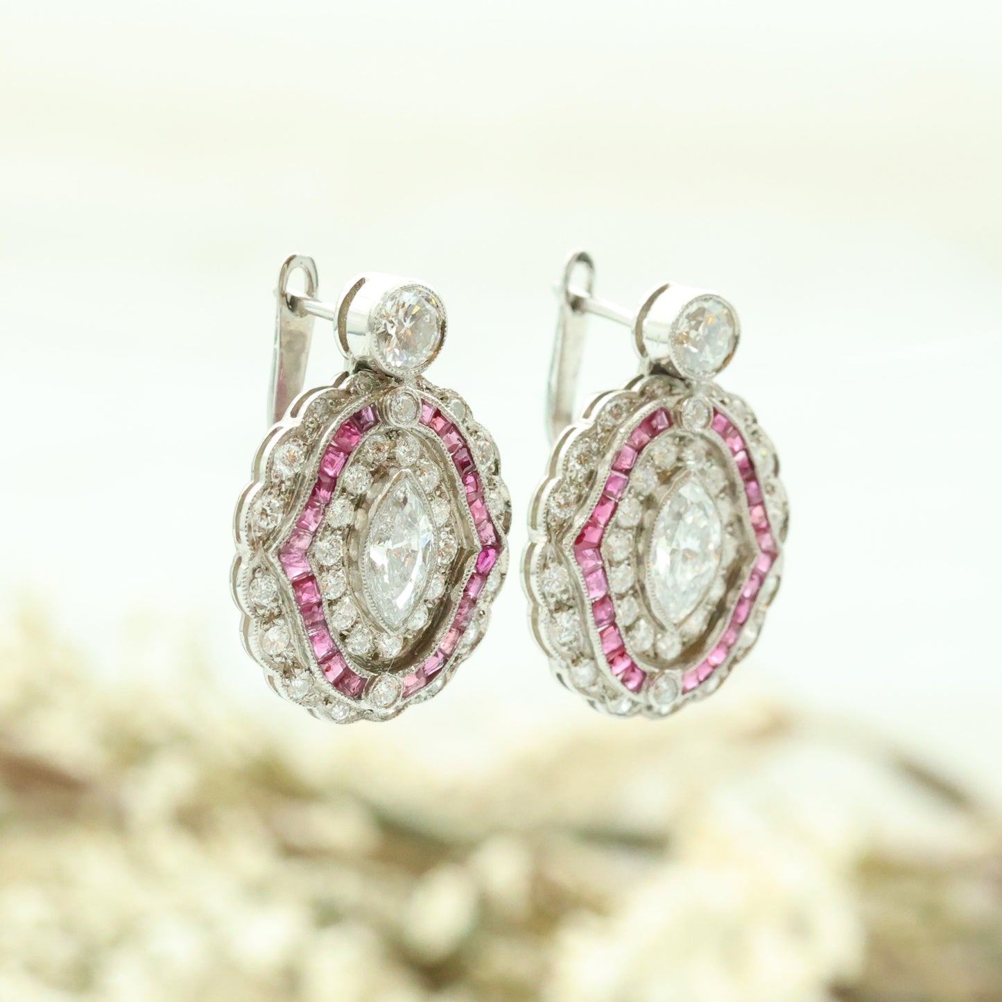 Platinum Antique Art Deco Diamond and Ruby Earrings