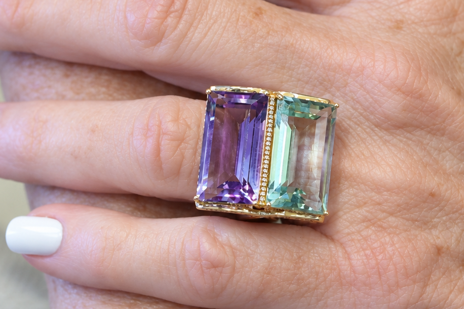 14K Green and Purple Amethyst Filigree Cocktail Ring