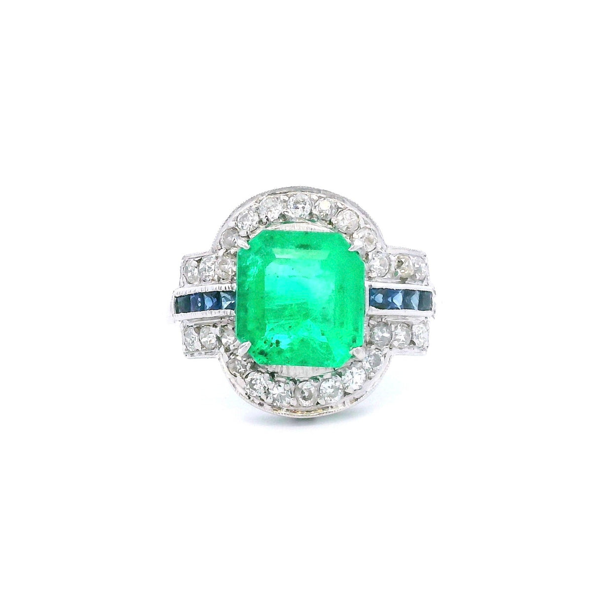 Antique Platinum Emerald, Sapphire, and Diamond Ring-GIA Appraisal Included