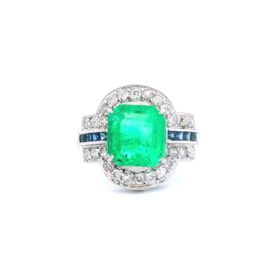 Antique Platinum Emerald, Sapphire, and Diamond Ring-GIA Appraisal Included