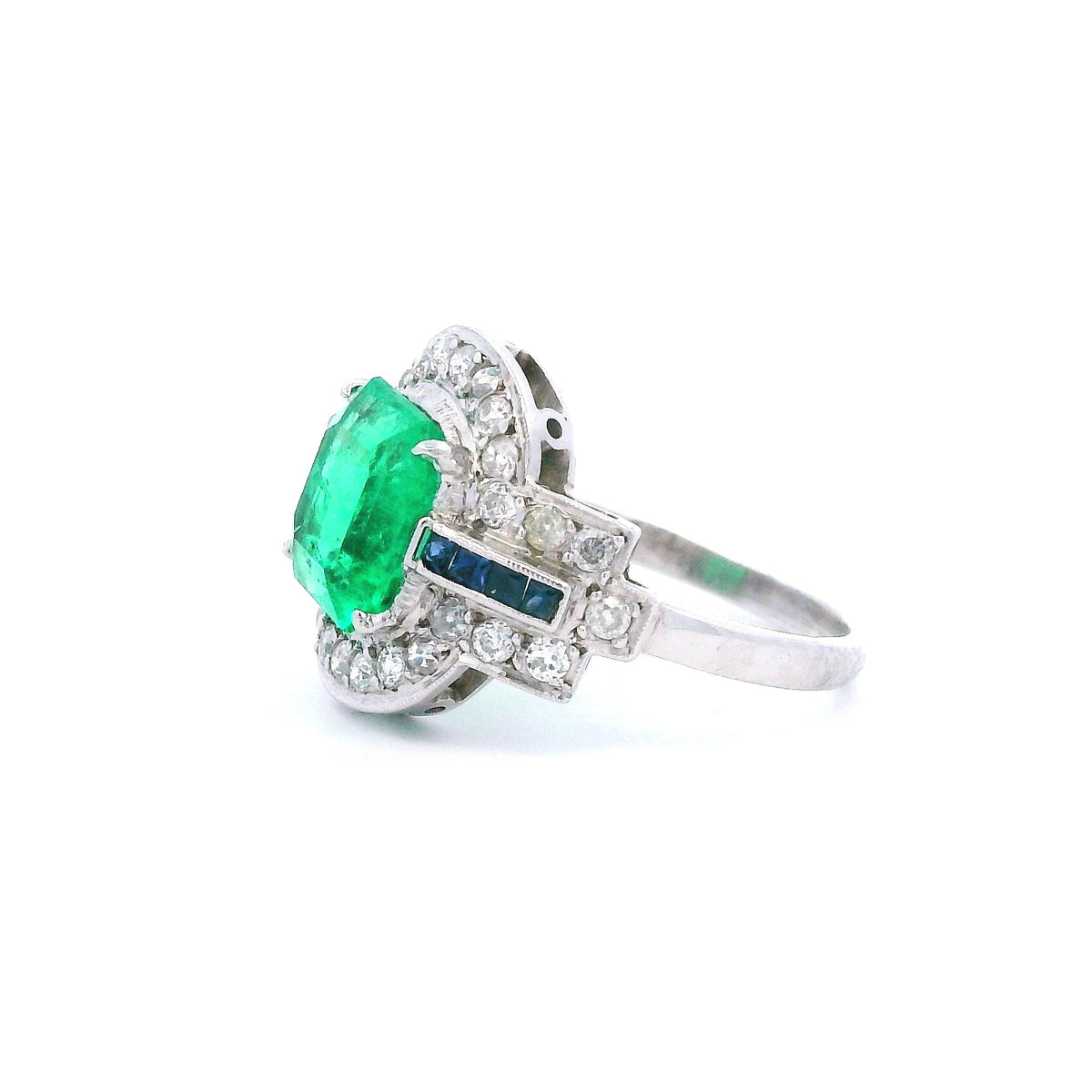 Antique Platinum Emerald, Sapphire, and Diamond Ring-GIA Appraisal Included