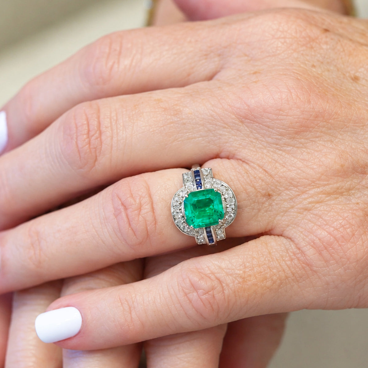 Antique Platinum Emerald, Sapphire, and Diamond Ring-GIA Appraisal Included