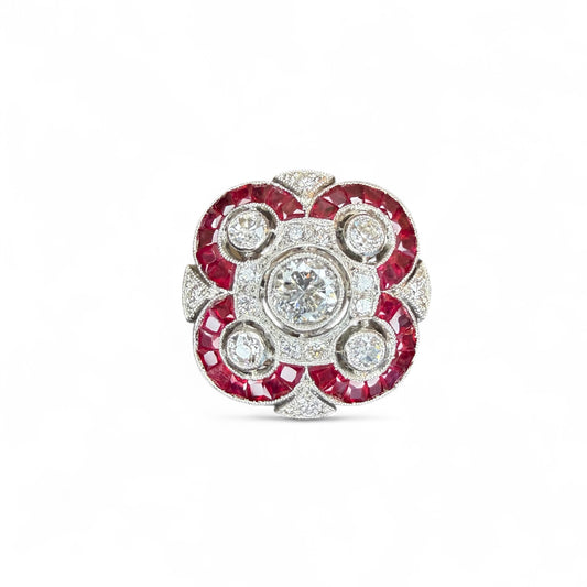 Platinum Ruby and Diamond Art Deco Style Cocktail or Engagement Ring