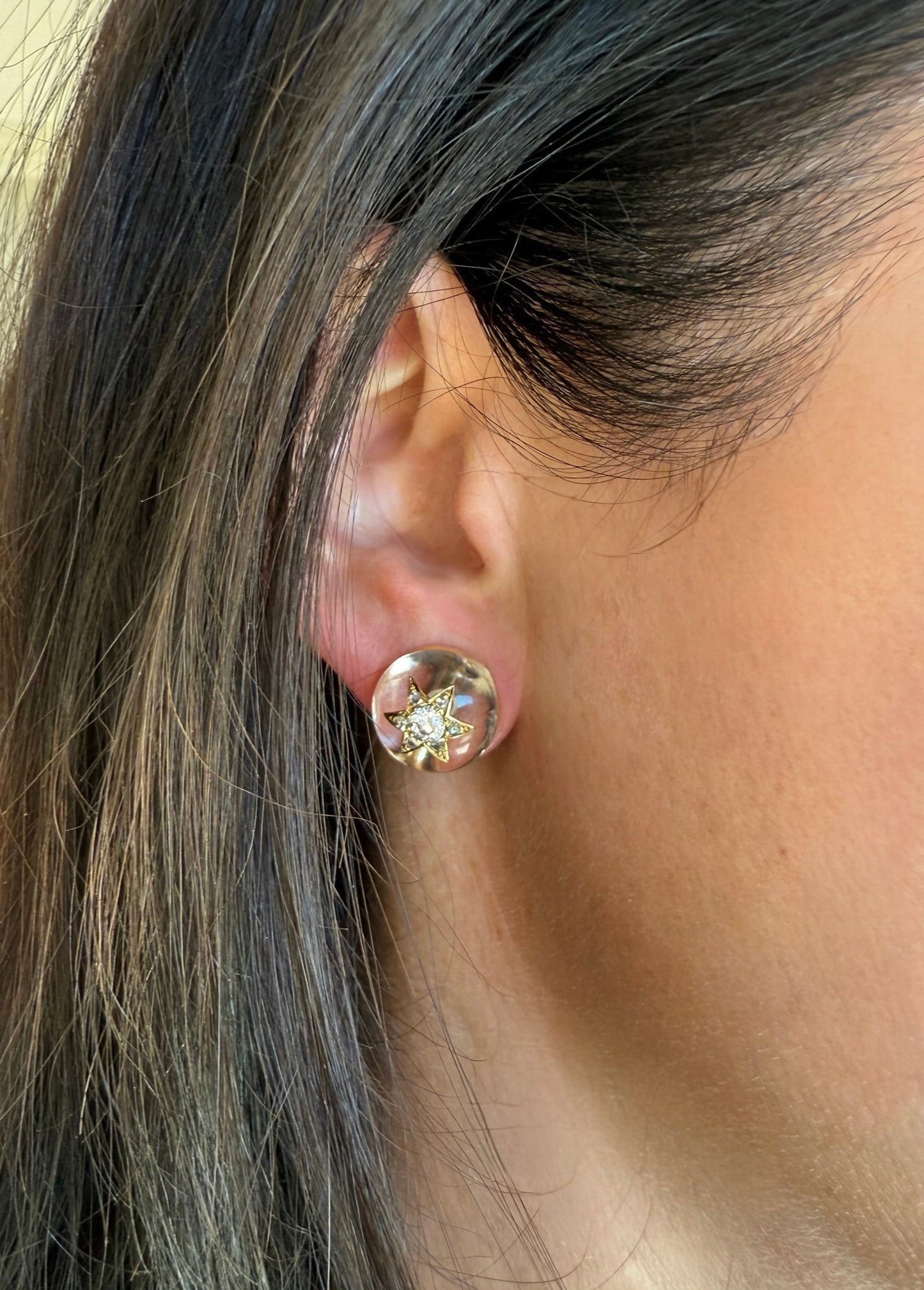 14k Antique Colorless Quartz and Diamond Earrings