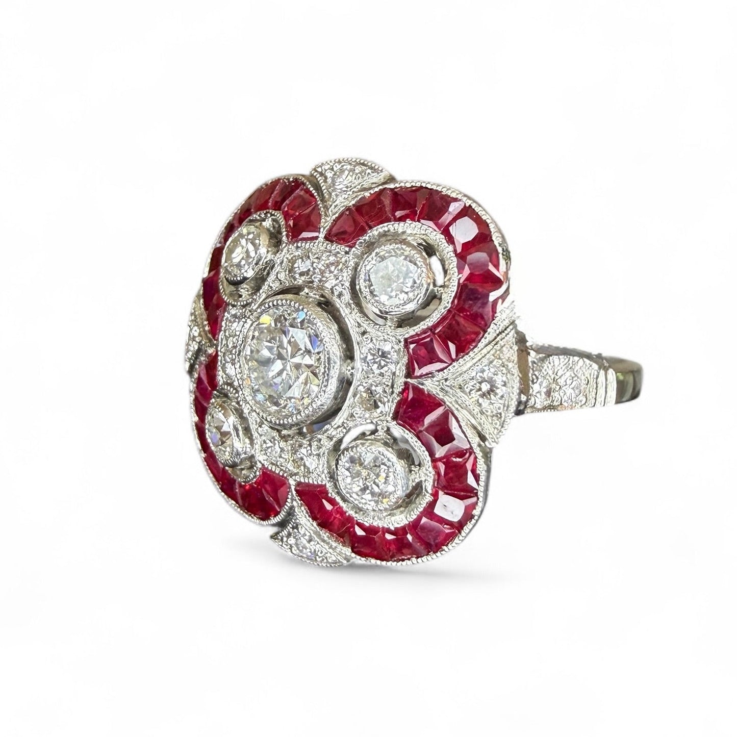 Platinum Ruby and Diamond Art Deco Style Cocktail or Engagement Ring