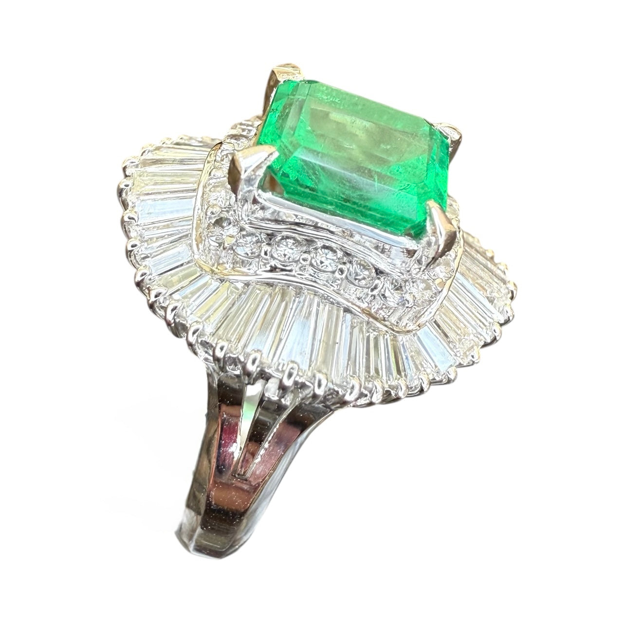 Platinum 2.70 CT Emerald and 1.57 Diamond Ballerina Ring