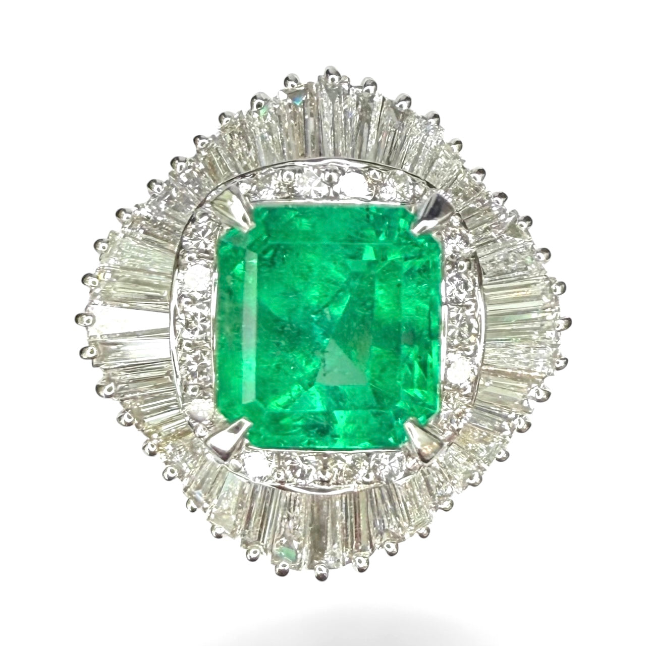 Platinum 2.70 CT Emerald and 1.57 Diamond Ballerina Ring