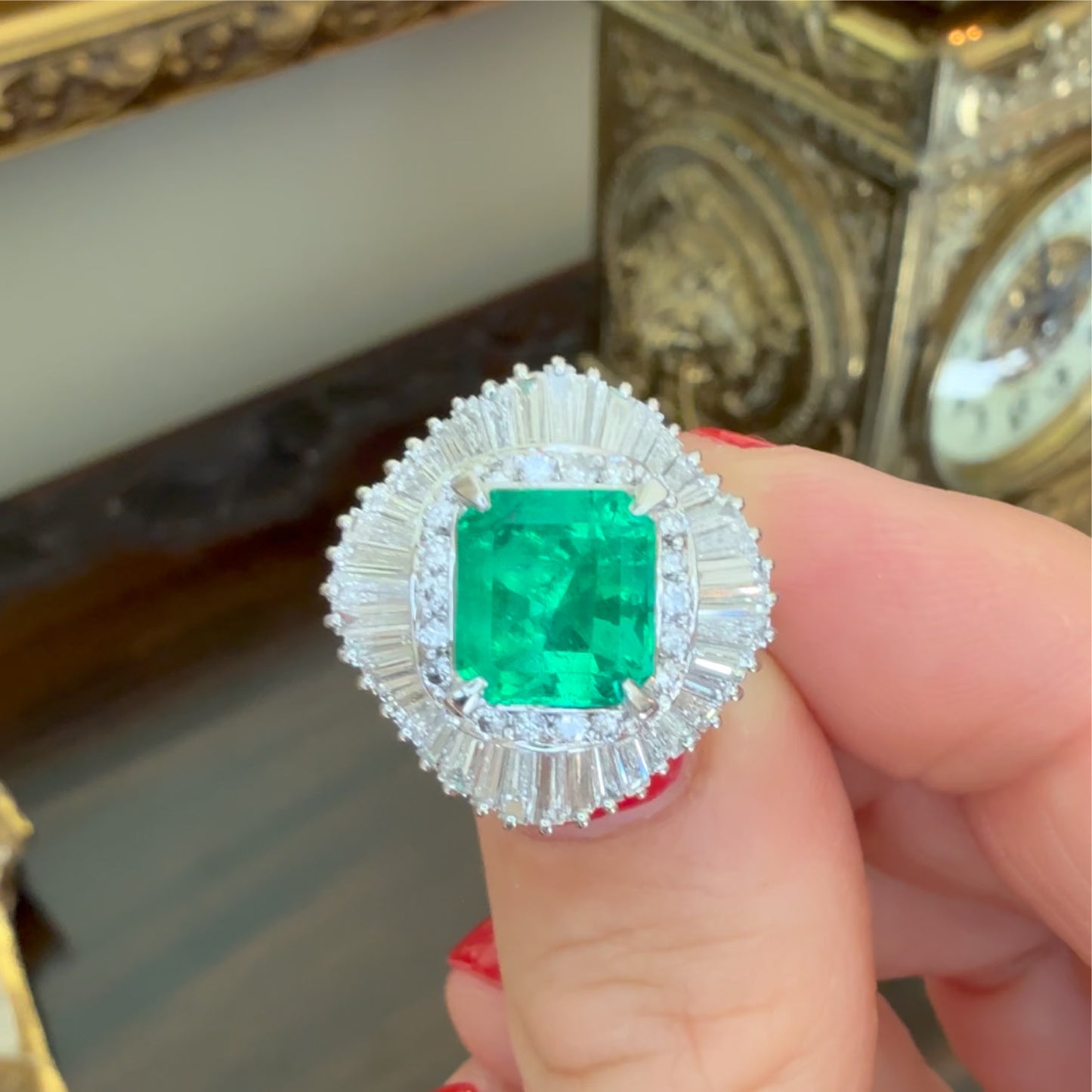 Platinum 2.70 CT Emerald and 1.57 Diamond Ballerina Ring