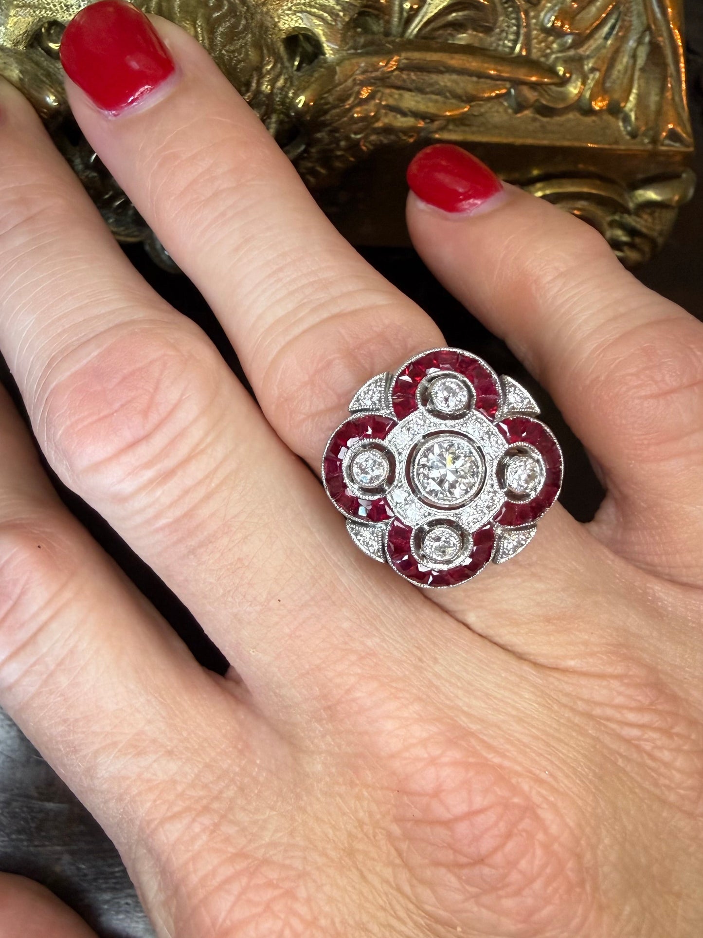 Platinum Ruby and Diamond Art Deco Style Cocktail or Engagement Ring