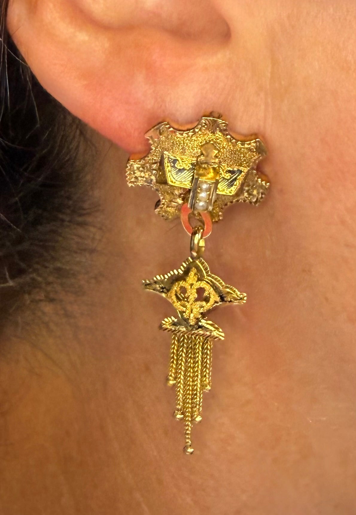 Victorian Antique 14k Yellow Gold, Pearl, and Black Enamel Tassel Earrings