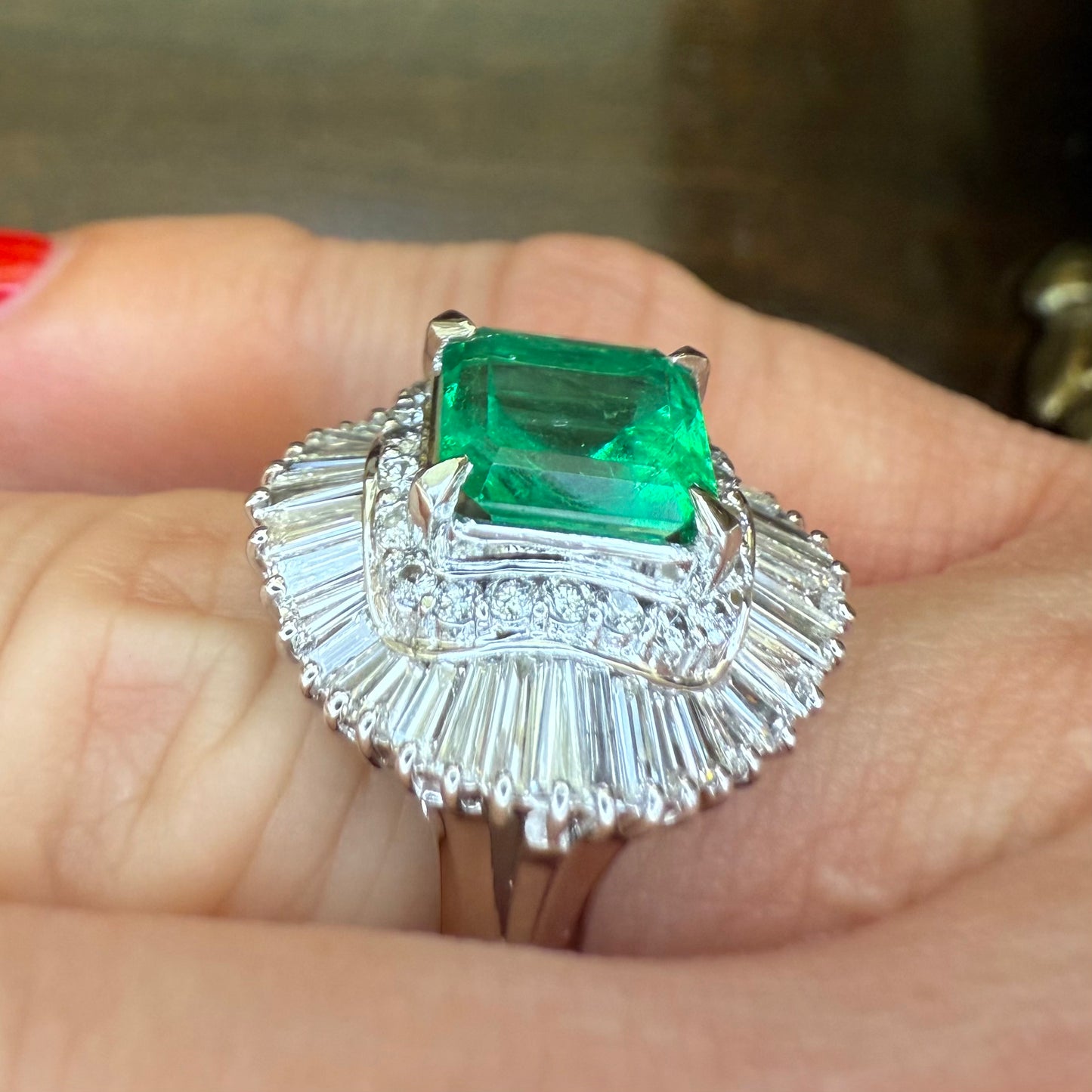 Platinum 2.70 CT Emerald and 1.57 Diamond Ballerina Ring