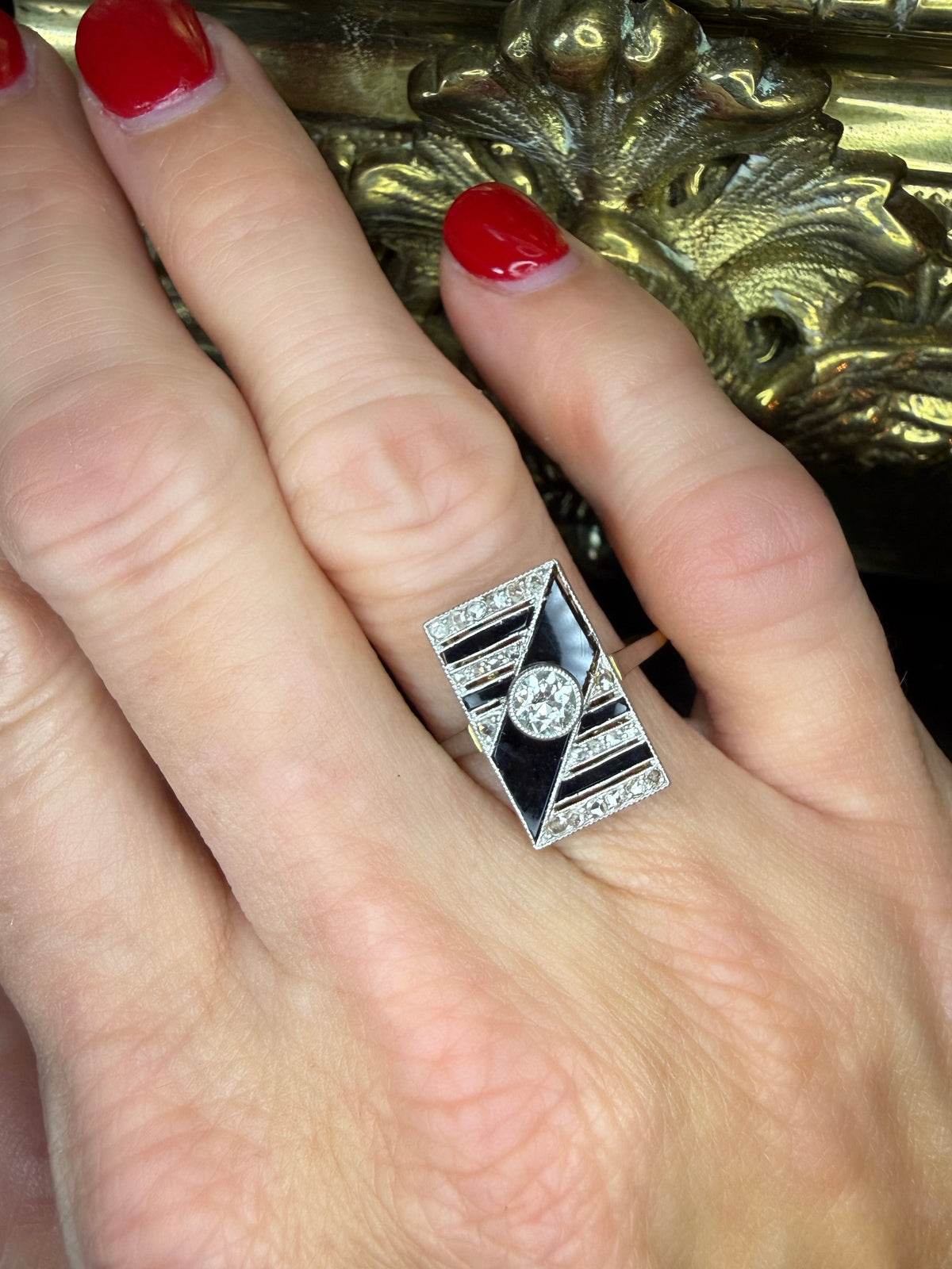 Antique 18k and Platinum Diamond and Black Onyx Ring