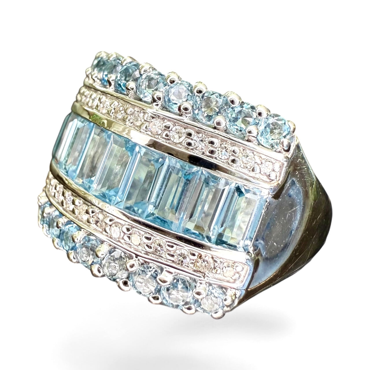 15K White Gold London Blue Topaz/Blue Topaz/Diamond Band-Brand New
