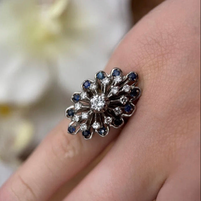 14K White Gold Diamond and Sapphire Cocktail Ring