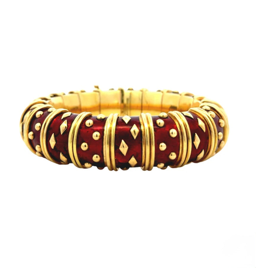 TIFFANY & CO. SCHLUMBERGER RED ENAMEL “PAILLONE” BANGLE BRACELET (VINTAGE)