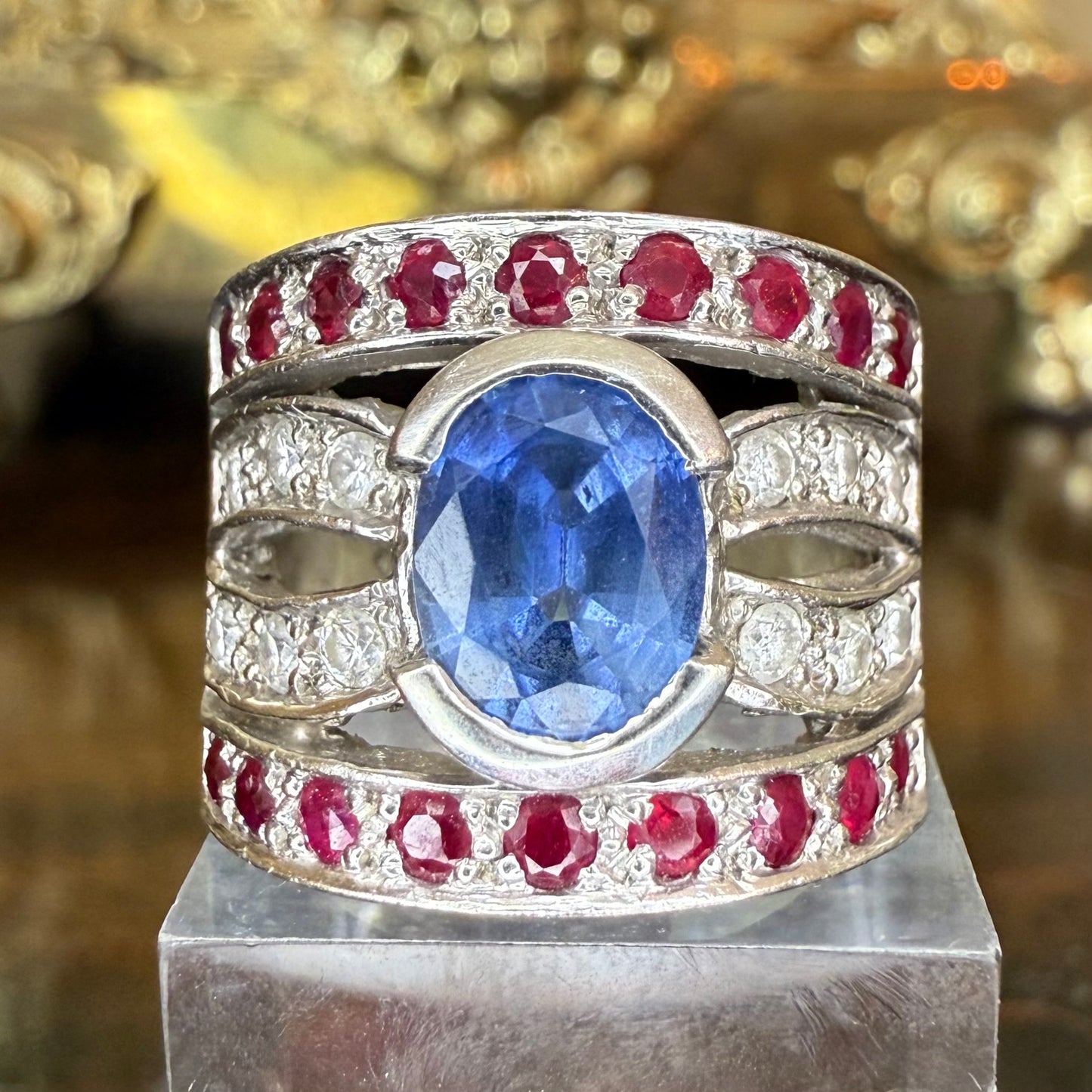 14K Gold Sapphire, Diamond & Ruby Ring - GIA Verified Estate Jewelry