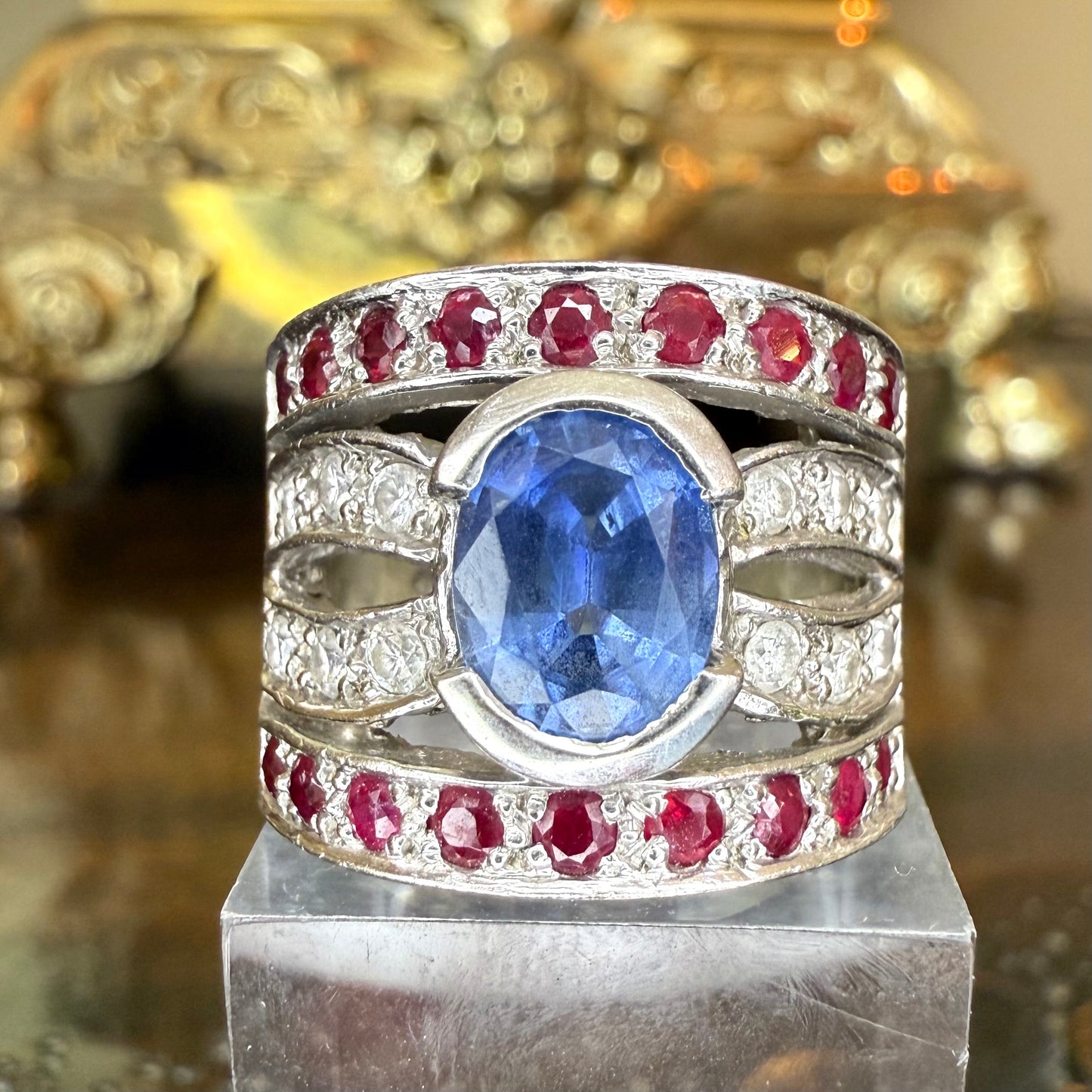 14K Gold Sapphire, Diamond & Ruby Ring - GIA Verified Estate Jewelry