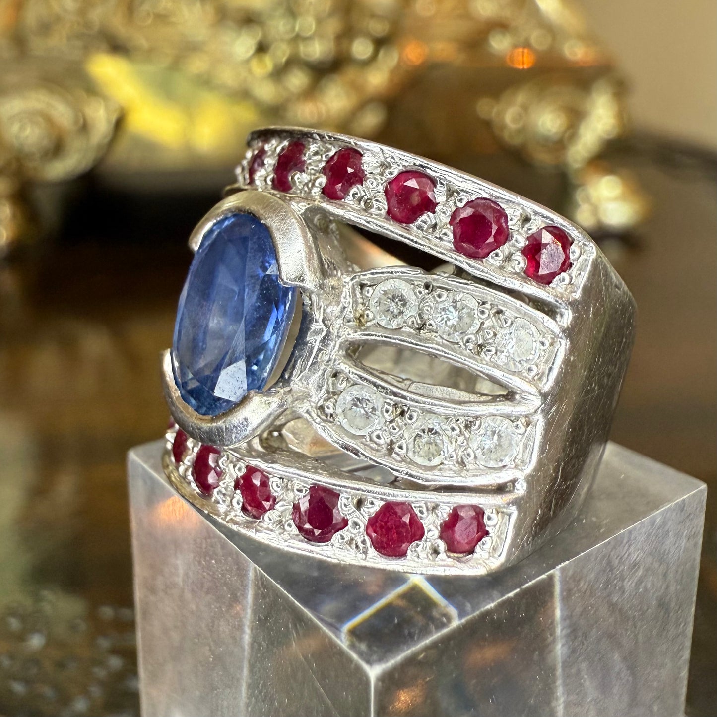 14K Gold Sapphire, Diamond & Ruby Ring - GIA Verified Estate Jewelry